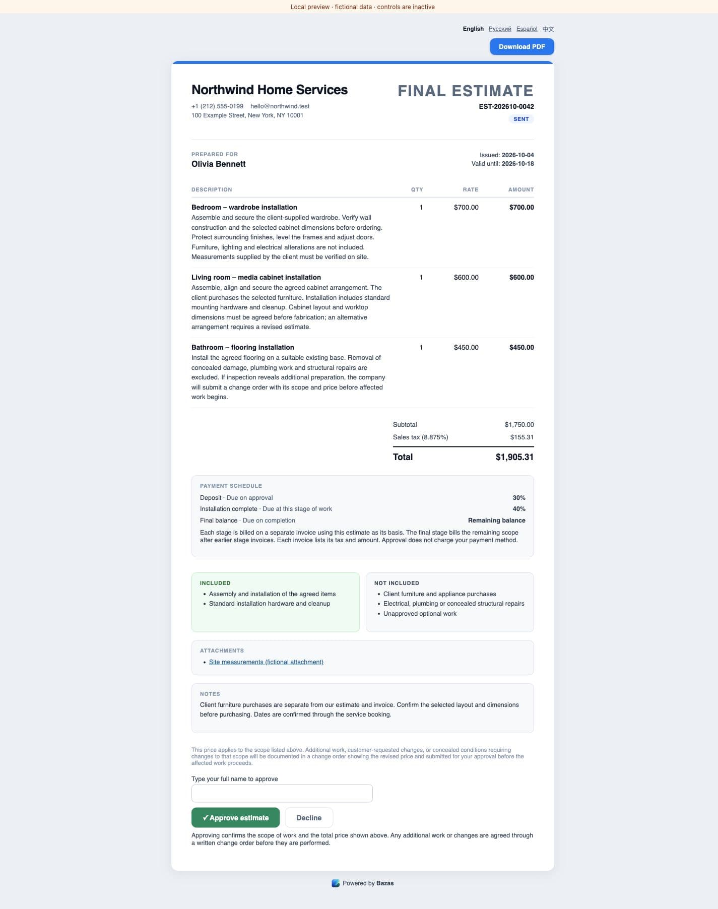 Bazas estimate page, local preview with fictional data