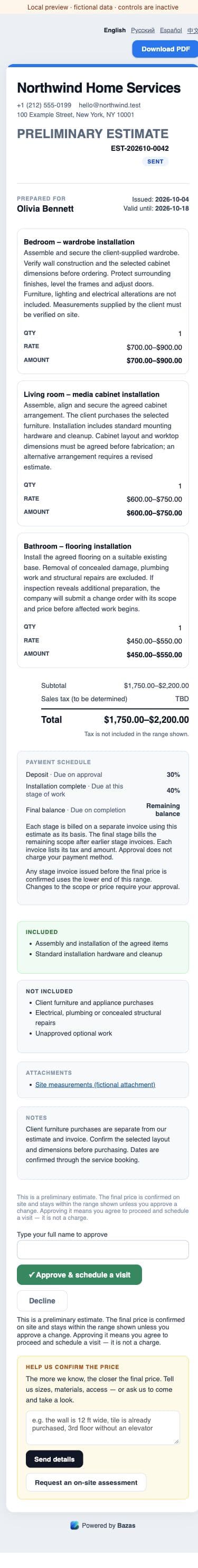 Bazas estimate on a phone, local preview with fictional data